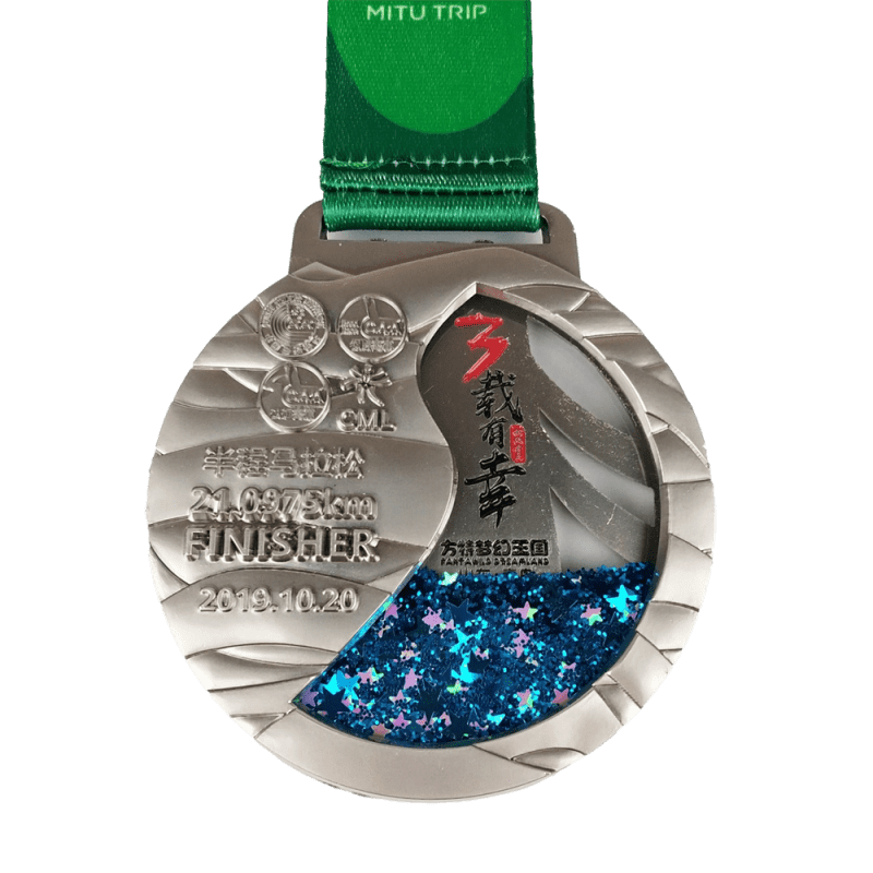 Bespoke Snow Globe Finisher Medal with Flowing Blue Flake