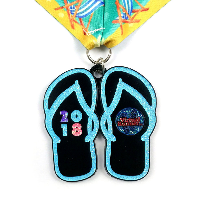 Personalized Virtual Summer Run Glitter Medal with Flip-Flops Shape